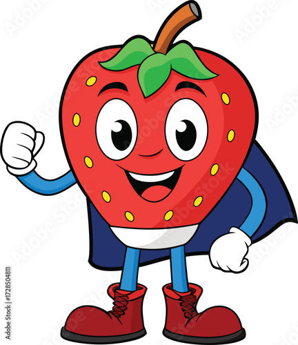 A cartoon anthropomorphic strawberry character wearing a cape and boots fruit vector illustration EPS file download.