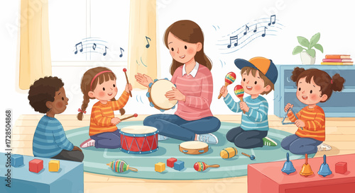 Teacher And Children Engaged In Musical Activities In A Classroom