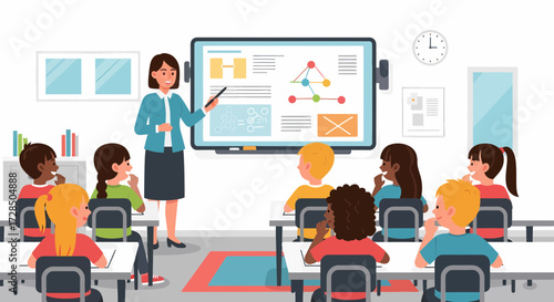 Teacher Explaining Lesson to Pupils in Classroom with Interactive Whiteboard