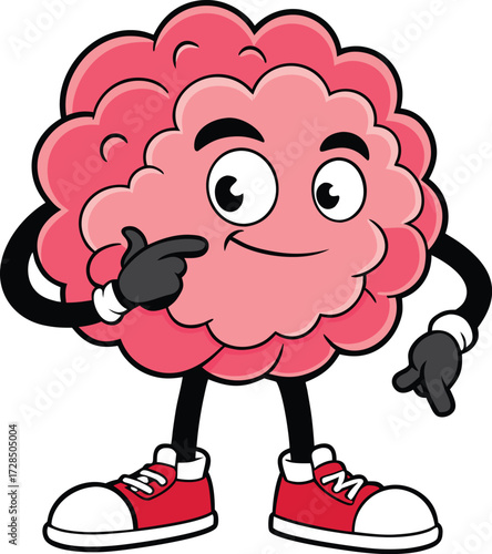 Cartoon brain character with arms and legs wearing red sneakers pointing anthropomorphic thinking vector illustration EPS file download.