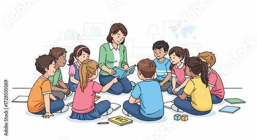 Teacher Reads Story To Diverse Group of Children in Classroom