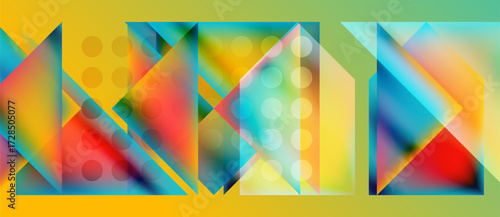 Abstract geometric composition. Vivid colors blend, creating dynamic shapes. Triangles, squares, circles intersect, forming complex patterns. Bright, modern design.