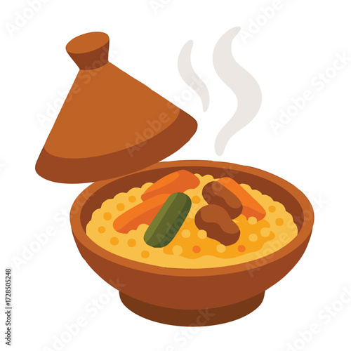 Flat vector illustration of a traditional Moroccan Tagine pot with colorful stew