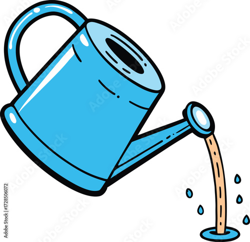 Light blue watering can pouring water on white background black vector illustration EPS file download.