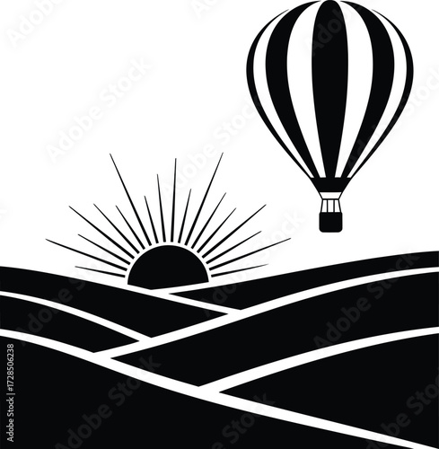 Hot air balloon flying over rolling hills at sunrise: black silhouette vector graphic depicting travel, adventure, and exploration during a beautiful morning.