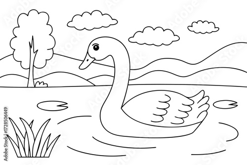 Black and white outline drawing of a swan swimming in a pond with trees and clouds bird water