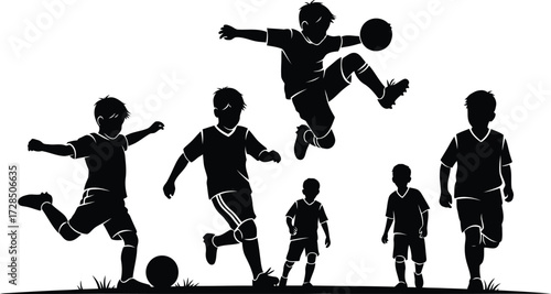 Children playing football soccer silhouette set: group of kids running, kicking, and juggling a ball, black vector graphic for sport, childhood, and activity.