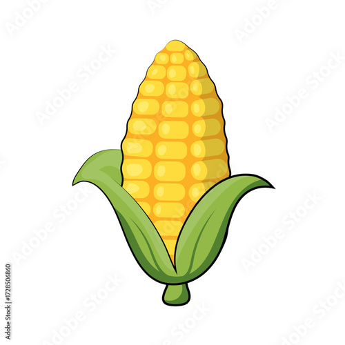 Cute cartoon corn. Kawaii vector illustration of a yellow vegeatble on a white background.