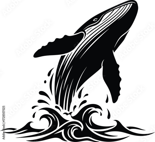 Humpback Whale Breaching Silhouette: Majestic Marine Animal Jumping Out of Ocean Waves, Black Vector Graphic for Wildlife, Sea Life, and Ocean Conservation.