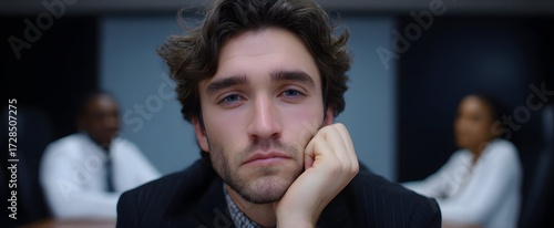 The bored man in meeting appears disengaged and uninterested in the discussion.