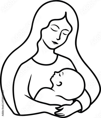 Minimalist single line drawing of a mother holding a sleeping baby child infant vector illustration EPS file download.