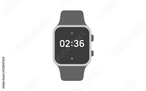 Minimalist illustration of a dark gray smartwatch displaying '02:36' on its screen, set against a clean white background.