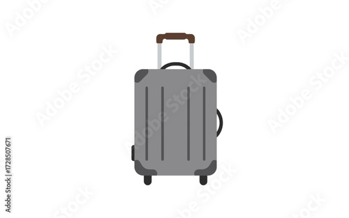 Illustration of a gray suitcase with wheels and a brown handle.