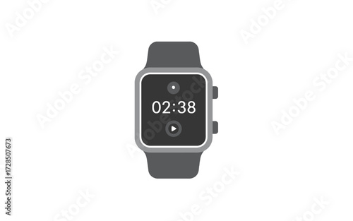 A smartwatch displaying the time, with a play button, and a dark gray band.