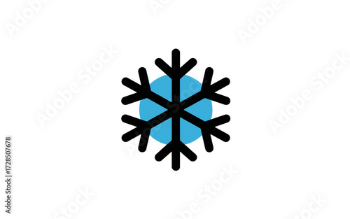 A minimalist graphic icon of a black snowflake set against a light blue circle, symbolizing winter, cold, and snow.