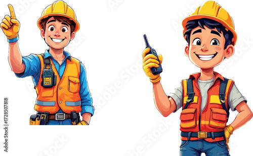 Vsai happy cartoon construction worker pointing and communicating