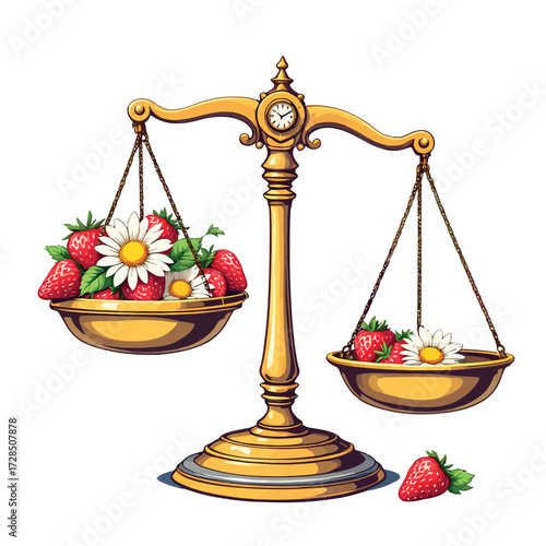 Vsai golden balance scales weighing strawberries and daisies