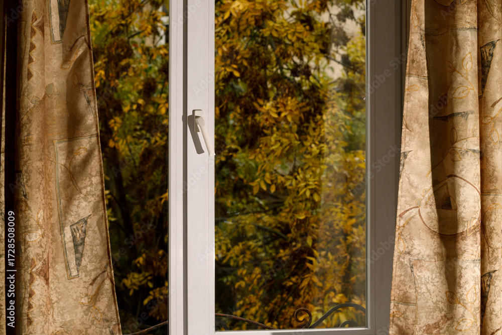 Obraz premium space inside view from window cozy room place with curtains and outside fall season time foliage background picture