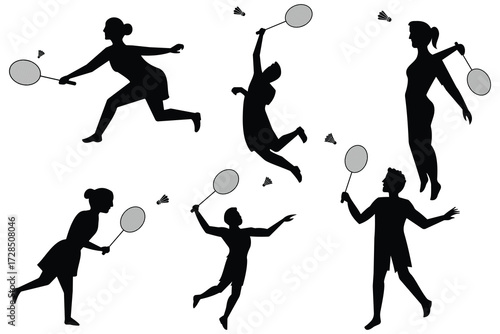 Badminton players silhouettes. Male and Female Badminton players icon vector. Sports man and woman vector symbol playing badminton. Vector illustration.