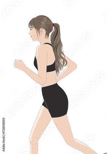 ロングウエーブヘアーで走る若い女性イラスト