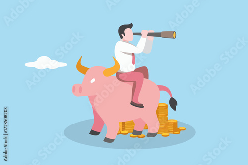 Businessman riding a pink bull with a telescope looking towards the future surrounded by gold coins