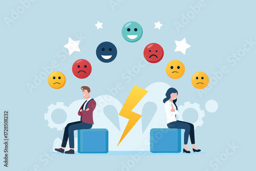 Couple with contrasting emotions and ratings above them representing relationship conflict and dissatisfaction