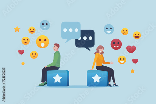 Two people communicating with emojis and chat bubbles representing online interaction and feedback
