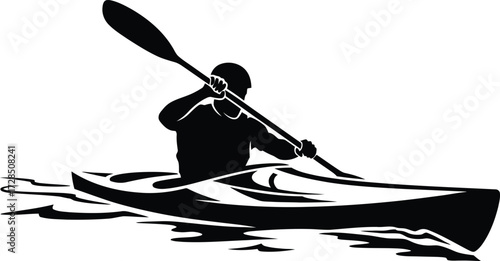 Kayaker Paddling Silhouette: Athlete in a Kayak on the Water with a Paddle, Black and White Vector Graphic Depicting Outdoor Sport, Fitness, and Adventure.