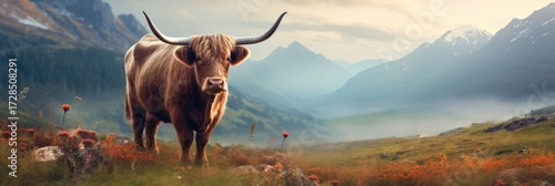 Bull in field on the background of mountains