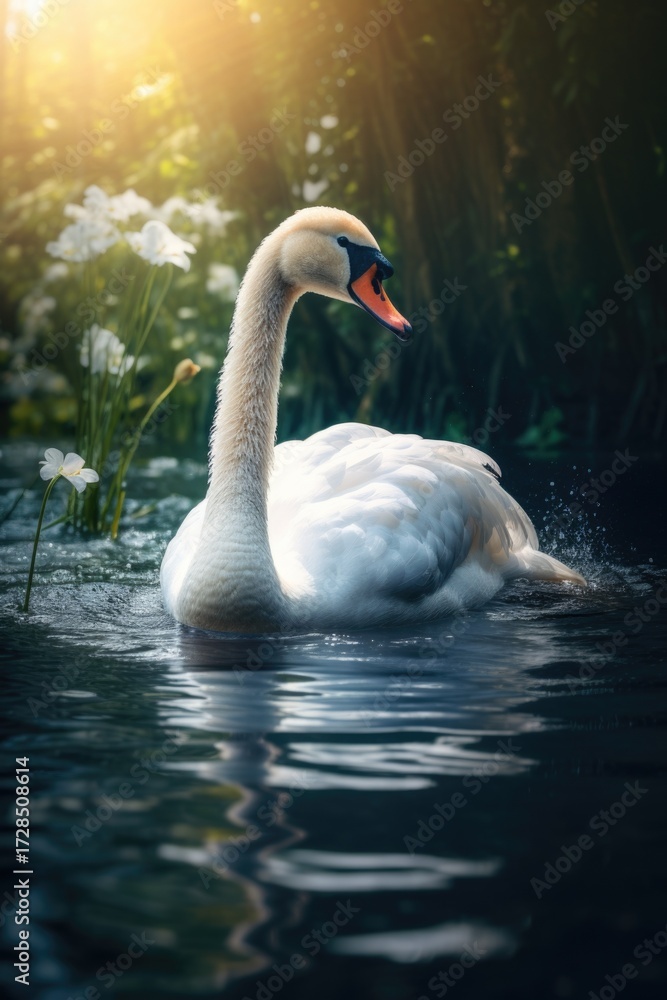Fototapeta premium Cute swan swims in the pond