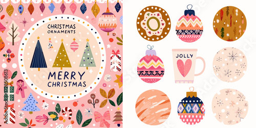 Whimsical christmas ornaments and festive decorations in a playful hand drawn style