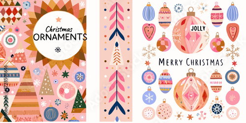 Whimsical folk art christmas ornaments and festive decorations in a soft pink palette