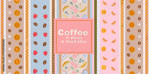 Cute and colorful coffee quote with fruit and coffee bean patterns in a striped design