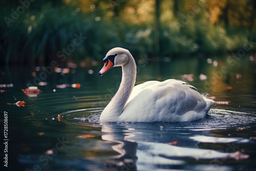 Cute swan swims in the pond