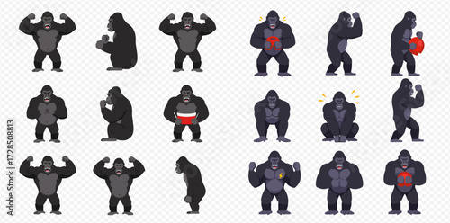 A collection of cartoon gorillas depicted in various poses and expressions, showcasing strength, anger, and other emotions.