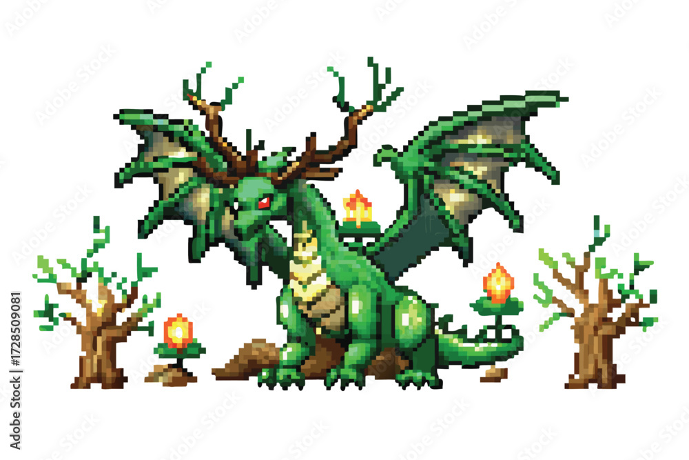 Fototapeta premium Forest Dragon Pixel Art Guardian Sprite. Nature Elemental for Fantasy RPGs
