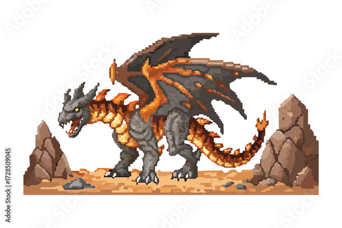 Earth Dragon Pixel Art Boss Sprite. Rugged Ground Elemental for Desert Battles