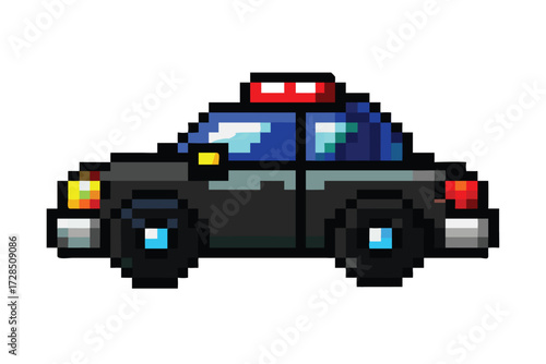 Police Car 16-Bit Pixel Art Sprite. RPG City Vehicle Game Asset