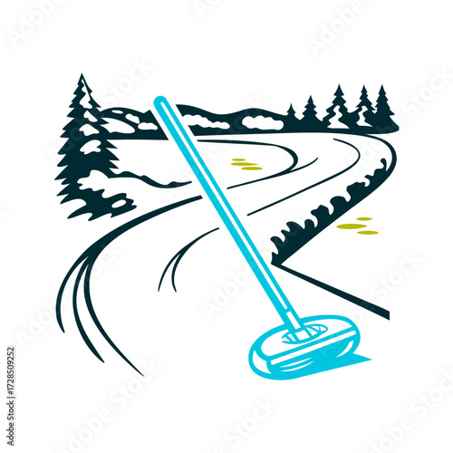 Snowsnake Game Icon on Winter Track Snowsnake Long slender wooden dart gliding on ice track