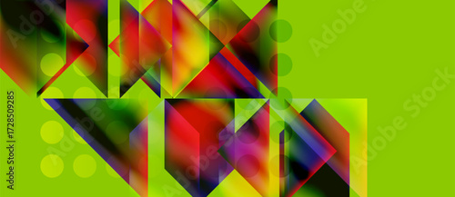 Abstract geometric composition. Vivid colors blend, creating dynamic shapes. Bright green background contrasts complex forms.