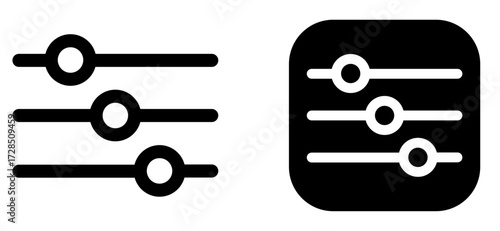 "Vector illustration of control panel slider icons in solid and outline styles. Simple modern design symbolizing settings, adjustments, customization, and interface tools."