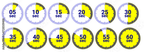 "Vector illustration of countdown timer icons ranging from 5 seconds to 60 seconds. Circular design with yellow highlights symbolizing time tracking, stopwatch, and progress measurement."