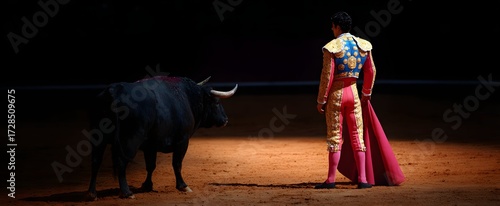 The bullfighter stands tense ready to face the charging bull in the arena