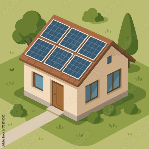 Illustration of a house with solar panels on the roof in a green landscape