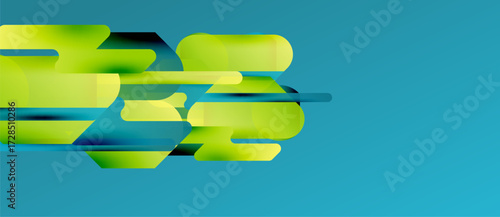 Abstract design features layered green shapes over teal background. Dynamic composition suggests movement, speed, innovation. Modern aesthetic.
