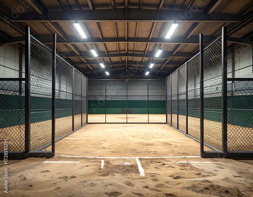 Indoor baseball batting cage with sand infield, metal fencing, and overhead lighting