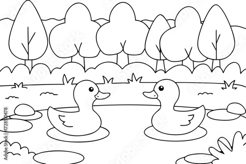 Outline drawing of two cute cartoon ducks in a pond with trees ducklings water