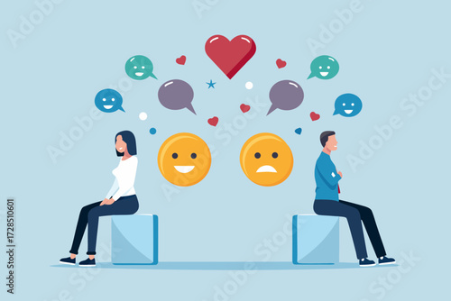 Couple with contrasting emotions and communication bubbles showing different feelings and relationship dynamics