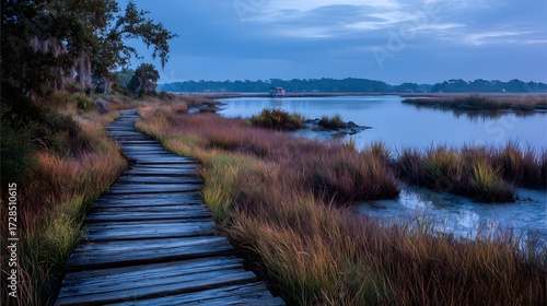 Tidal marsh reeds sway gently by a calm brackish inlet under soft moonlight.