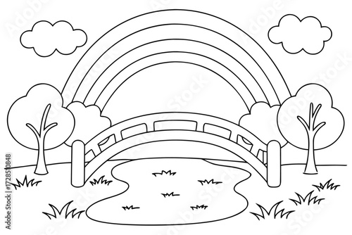 Rainbow Bridge Over Pond with Trees and Clouds Outline Drawing vector illustration